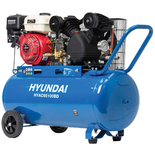 Hyundai HYAC65100BD 6.5HP Petrol Air Compressor 100 Litre Tank Belt Drive Blue
