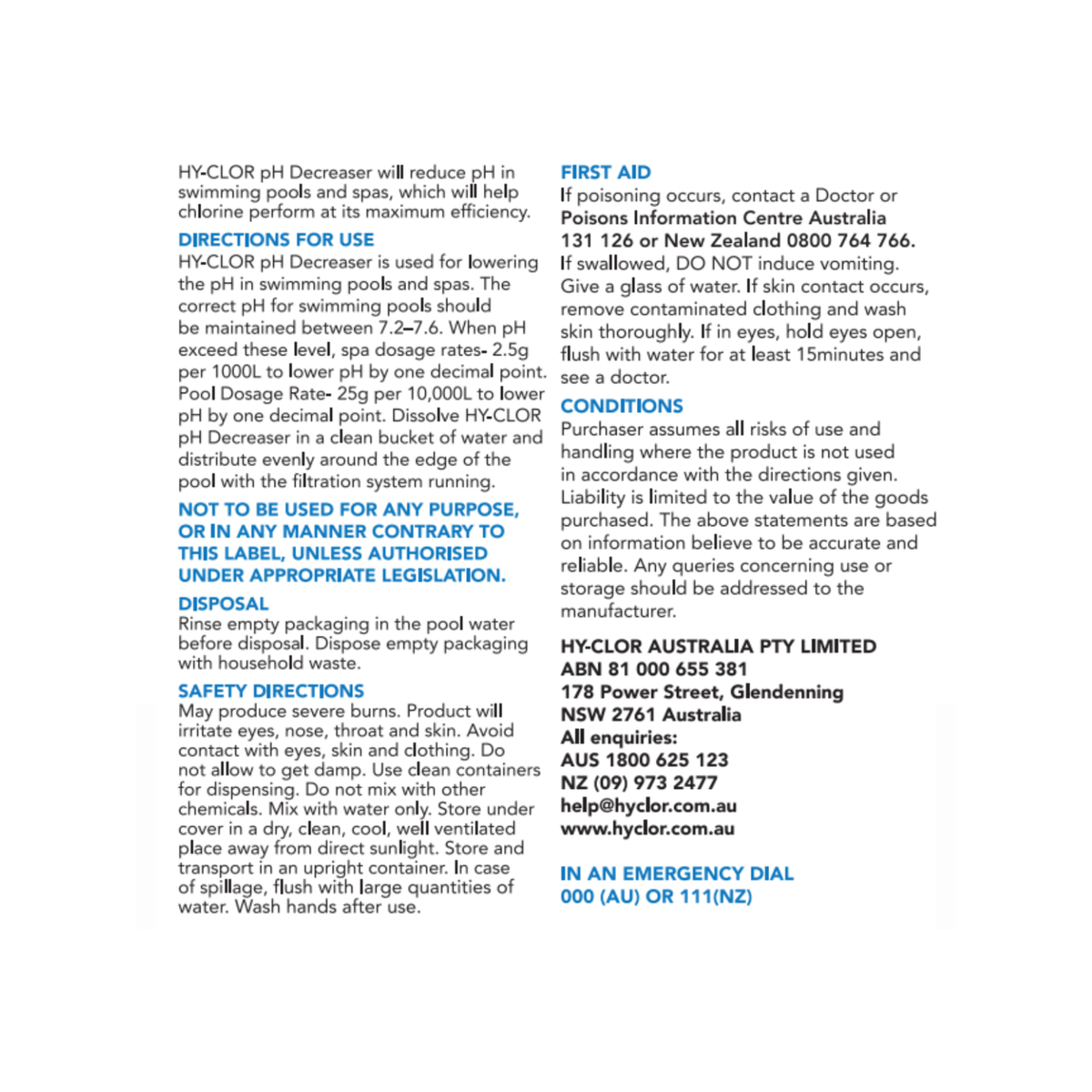 Hy-Clor pH Decreaser 3kg Dry Acid Soft Pack - Sodium Bisulphate - Easy Use