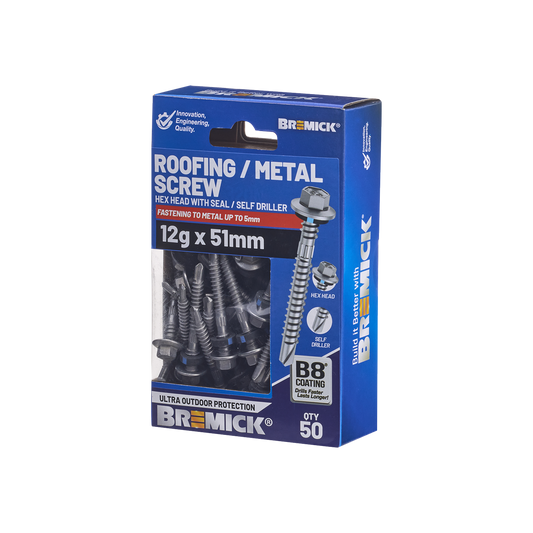 Bremick Hex Roofing Screw 12g x 51mm - Pack of 50 - Watertight Seal - Corrosion Resistant - Auzzistore