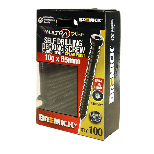 Bremick Ultrafast Trim Head Screws - 10g x 65mm - Black - 100 Pack - Stainless Steel 304 - Smooth Installation - Auzzistore