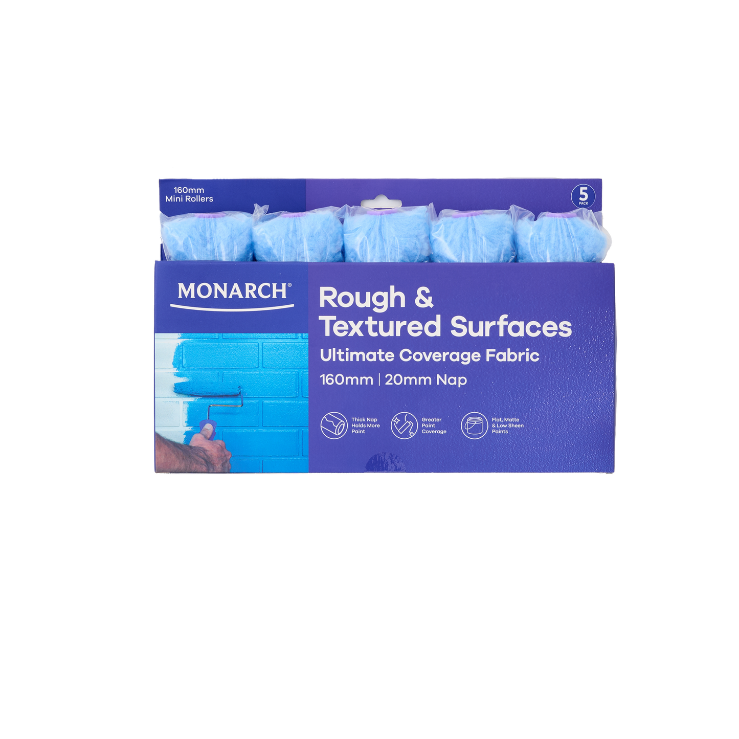 Monarch 160/20mm Nap Fabric Mini Roller 5 Pack - Ultimate Coverage for Rough Surfaces