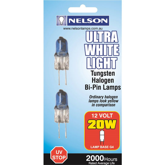 Nelson Ultra White Halogen G4 Bi Pin Lamps - 20 Watt - Twin Pack - 3500K