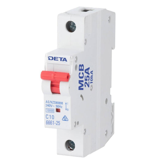 Deta 25A Miniature Circuit Breaker - 10kA Short Circuit Capacity - 1 Pole - 18mm - Auzzistore