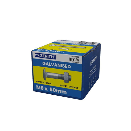 Zenith Hot Dip Galvanised M8 x 50mm Cup Head Bolts Nuts 25 Pack - Auzzistore