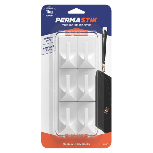 Permastik Medium Utility Hooks 6 Pack - 1kg Capacity - White - 110mm x 225mm