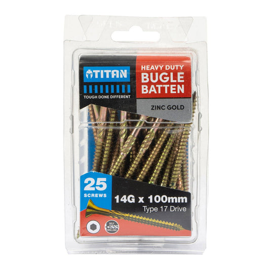 Titan 14g Zinc Gold Timber Bugle Batten Screw - 25 Pack - 100mm - Corrosion Resistant - Auzzistore