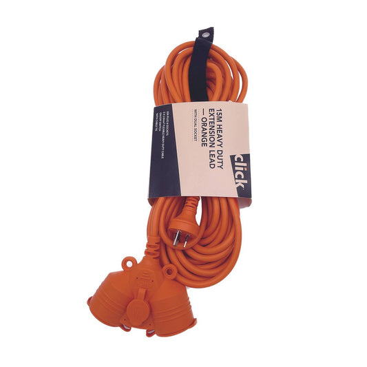 Click 15m Heavy Duty Extension Lead - Dual Socket - Orange - 10A - Auzzistore
