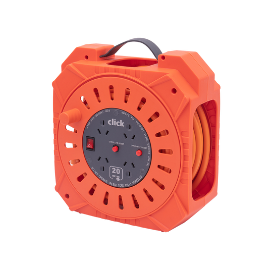 Click 20m Heavy Duty 4 Outlet Cable Reel - Orange and Grey - Safety Features - Auzzistore