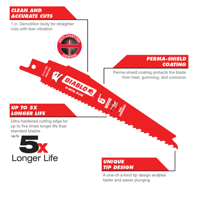 Diablo Reciprocating Saw Blades - 6" - Bi-Metal - Nail Embedded Wood - 5 Pack