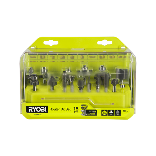 Ryobi 15 Piece Mixed Router Bit Set RRBM15S - ¼” Shank - Carbide Blades - Storage Case - Auzzistore