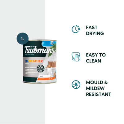 Taubmans 1L White Low Sheen All Weather Exterior Paint - Mould Resistant - Fast Drying