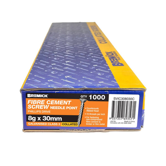 Bremick Collated Screw 8g x 30mm Galvanised - 1000 Pack - Fibre Cement – view 2 - Auzzistore