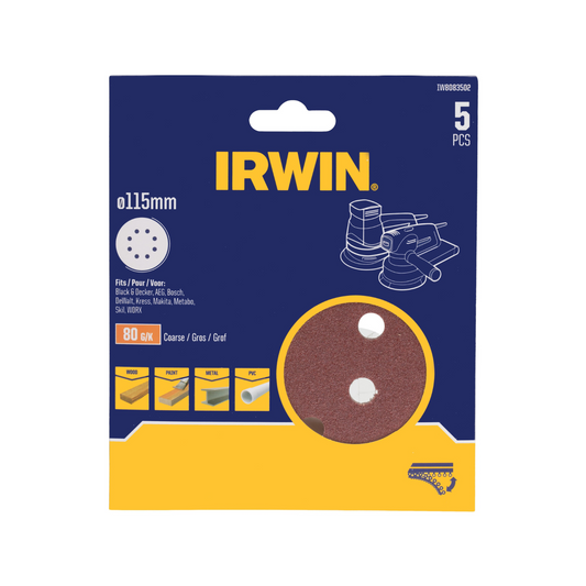Irwin Quick Fit Random Orbital Sanding Discs 115mm 80 Grit 5 Pack - Durable Aluminium Oxide - 8 Holes - Auzzistore