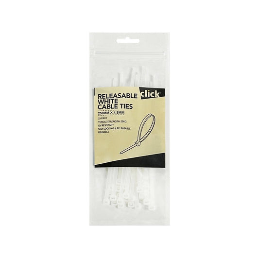 Click Releasable Cable Tie - 150mm - UL Approved Nylon - 25 Pack