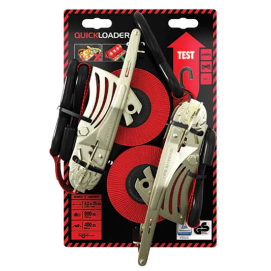 Quickloader 4 Retractable Ratchet Tie Down Strap 2 Pack - 2m 25mm - 400kg Capacity - Red - Auzzistore