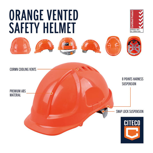 Citeco Orange Vented Safety Helmet - Durable ABS - 190mm x 260mm x 140mm - Comfortable Fit – view 2 - Auzzistore