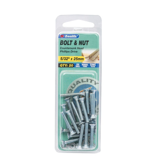 Zenith Countersunk Head Bolt - 5/32 x 25mm - Zinc Plated - Flush Finish - 20 Pack - Auzzistore