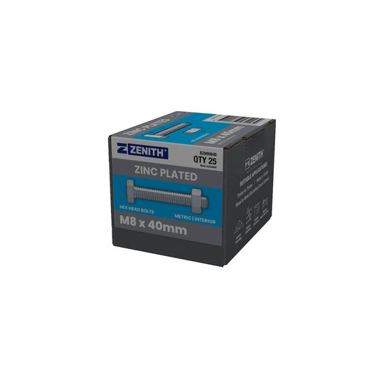 Zenith M8 x 40mm Zinc Plated Hex Head Bolts and Nuts 25 Pack - Durable Fastening Solutions - Auzzistore