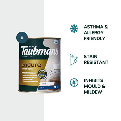 Taubmans 1L White Matt Endure Interior Walls Paint - Water Based - Stain Resistant - Quick Dry