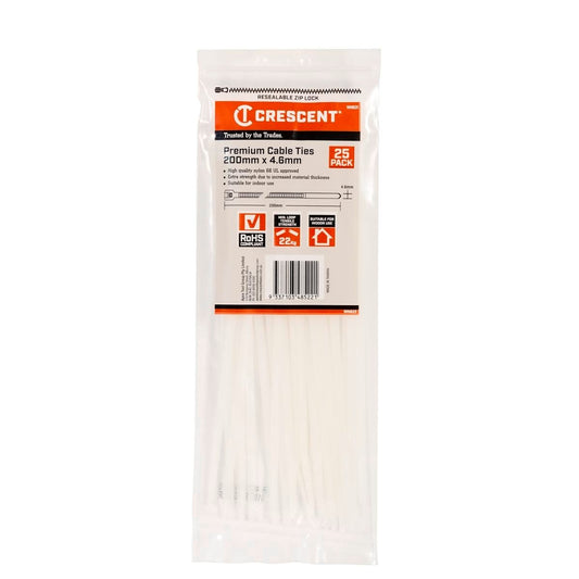 Crescent Cable Ties - 200 x 4.6mm - Natural - 25 Pack - Nylon - Self-Locking