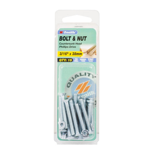 Zenith Countersunk Bolt & Nut - 3/16 x 38mm - Zinc Plated - Flush Finish - 15 Pack - Auzzistore