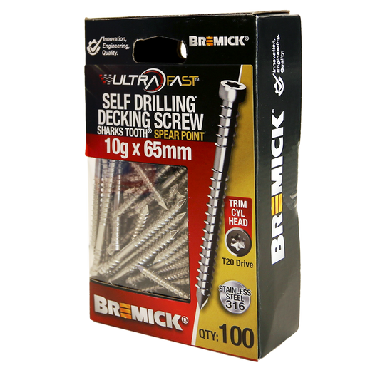 Bremick Ultrafast Trim Head Screws - 10g x 65mm - Stainless Steel 316 - 100 Pack - Quick Installation - Auzzistore