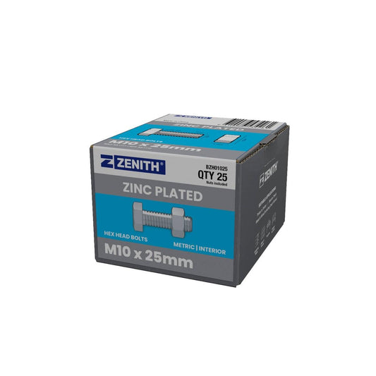 Zenith M10 Zinc Plated Hex Head Bolts and Nuts 25 Pack - 25mm - Strong Grip - Auzzistore