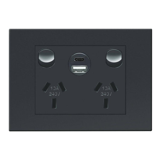 HPM Black Vivo Double Powerpoint - 2 Outlets - 15W USB Charger - Auzzistore