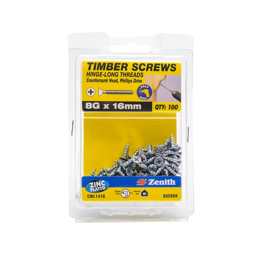 Zenith Hinge Long Thread Screws 8g x 16mm Zinc Plated 100 Pack - Auzzistore
