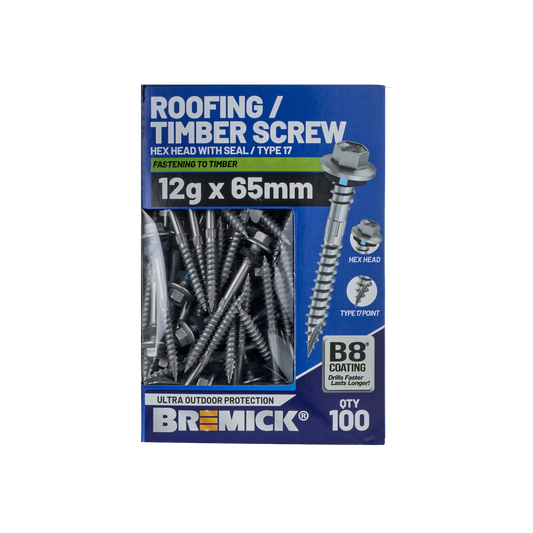 Bremick Hex Roofing Screw 12g x 65mm - B8 - Pack of 100 - Corrosion Resistant – view 2 - Auzzistore