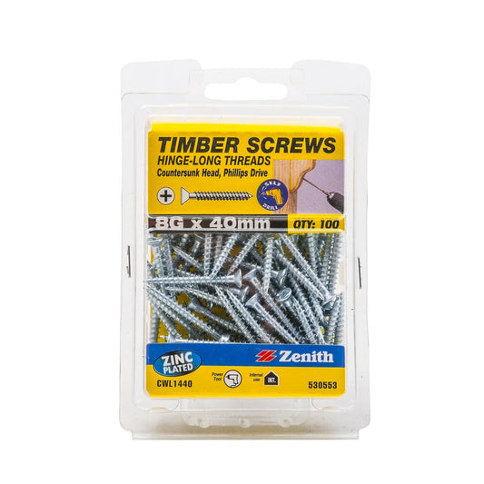 Zenith Hinge Long Thread Screws 8g x 40mm Zinc Plated 100 Pack - Auzzistore