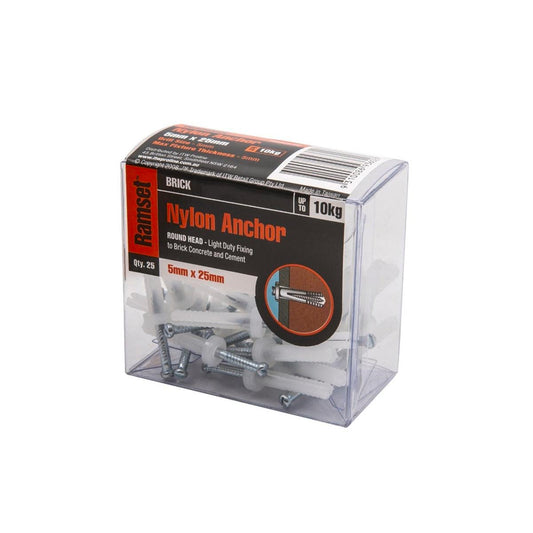 Ramset Nylon Anchor 5 x 25mm Round Head 25 Pack Easy Install - Auzzistore