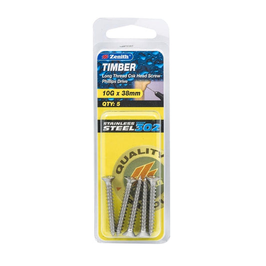 Zenith Timber Screws 10g x 38mm Stainless Steel Flush Finish 5 Pack - Auzzistore