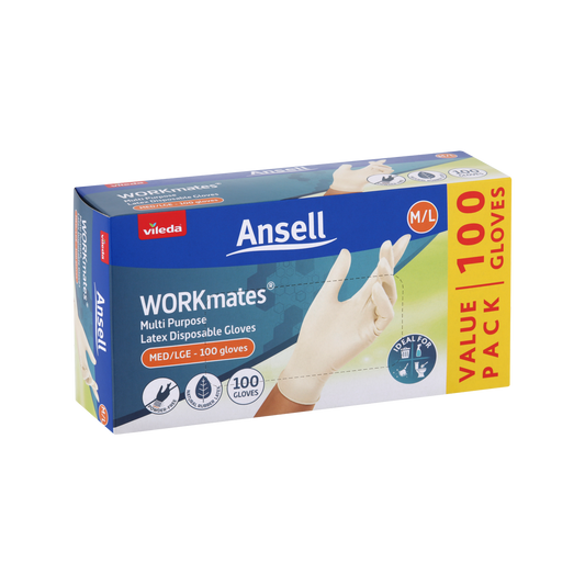 Vileda Ansell Workmates Latex Disposable Gloves 100pk Medium Large - Powder-Free - Hygienic Protection - Soft Natural Rubber Latex