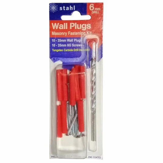 Stahl Masonry Kit 6mm Drill - 10x35mm Red Wall Plugs - Easy To Use - Auzzistore