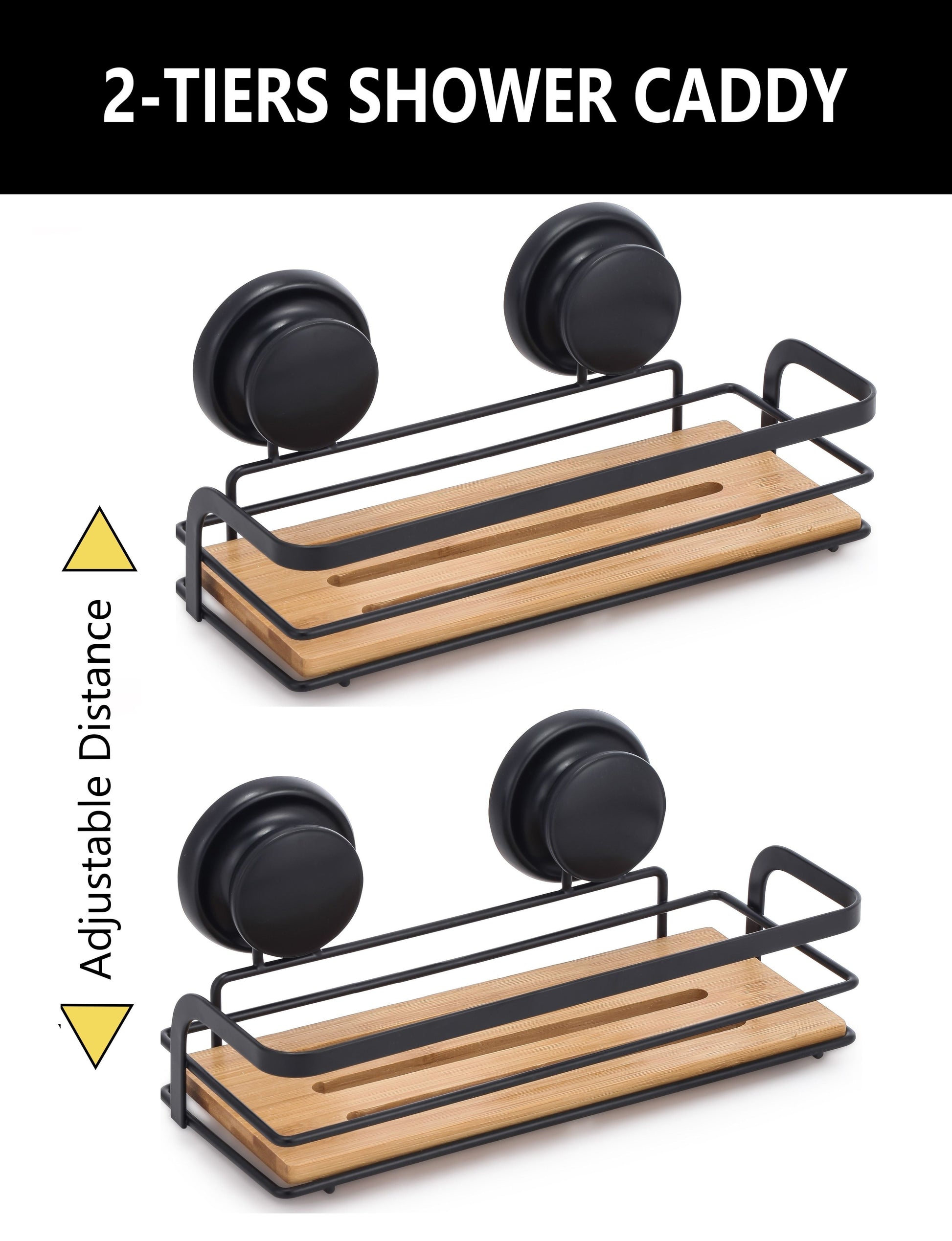 2 Pack Rectangular Bamboo Corner Shower Caddy Shelf Basket Rack with Premium Vacuum Suction Cup No-Drilling for Bathroom and Kitchen | Auzzi Store