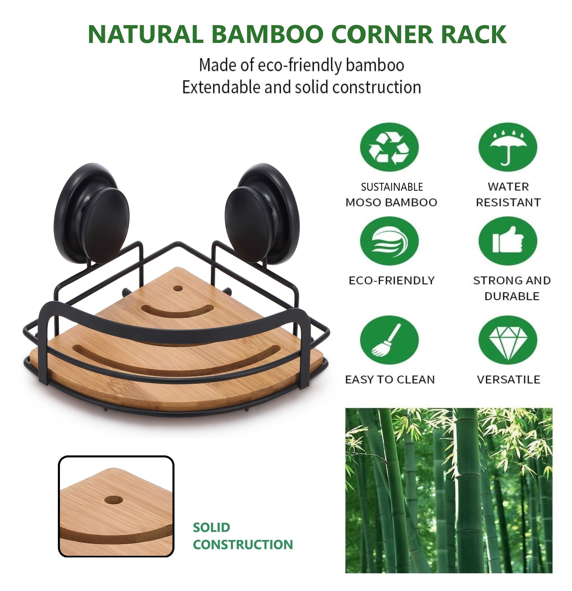 2 Pack Round Bamboo Corner Shower Caddy Shelf Basket Rack with Premium Vacuum Suction Cup No-Drilling for Bathroom and Kitchen | Auzzi Store