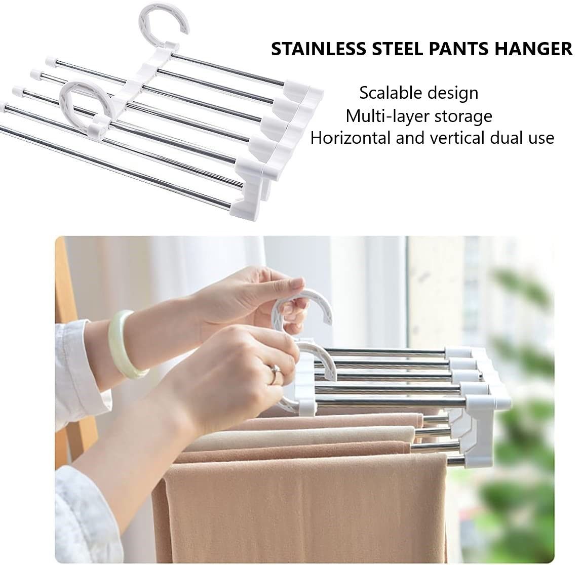 2 Pack Stainless Steel Adjustable 5 in 1 Pants Hangers Non-Slip Space Saving for Home Storage | Auzzi Store