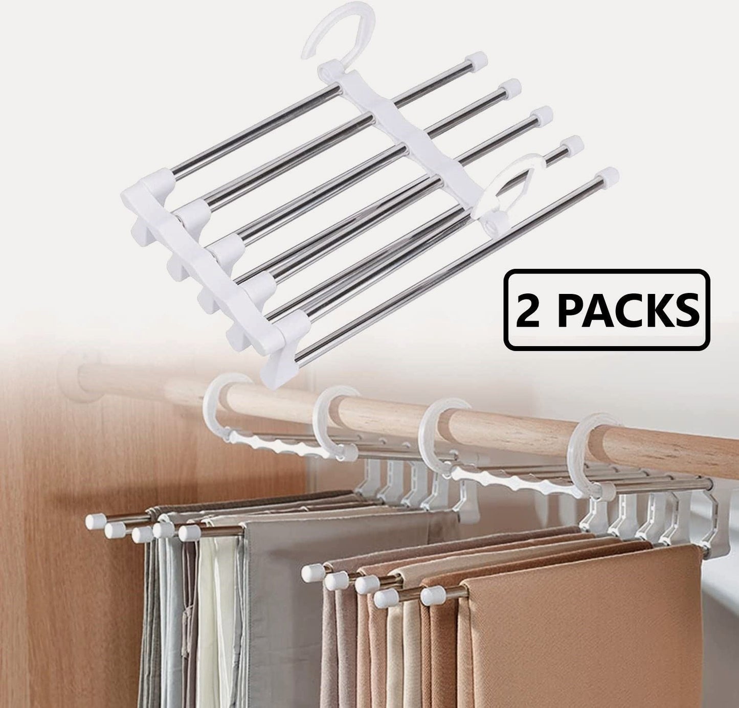 2 Pack Stainless Steel Adjustable 5 in 1 Pants Hangers Non-Slip Space Saving for Home Storage | Auzzi Store