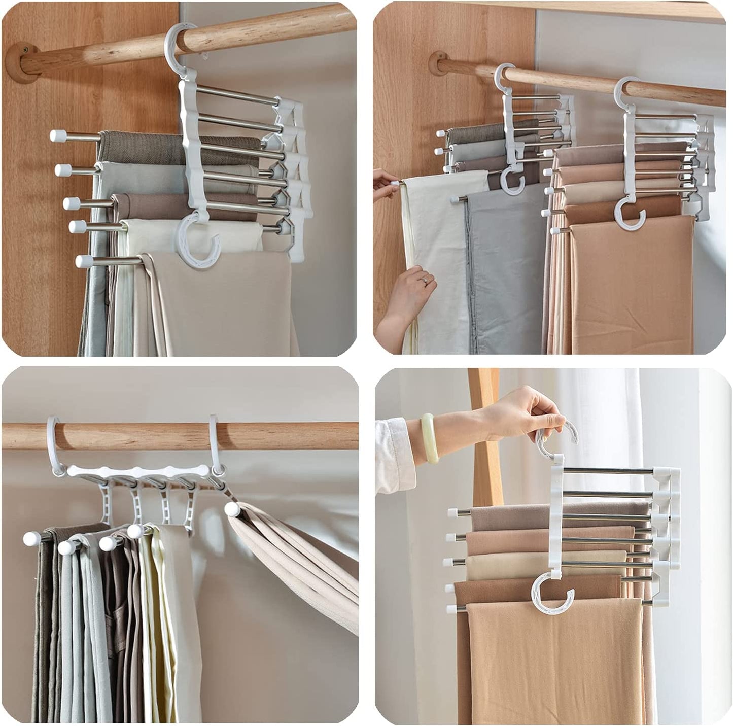 2 Pack Stainless Steel Adjustable 5 in 1 Pants Hangers Non-Slip Space Saving for Home Storage | Auzzi Store