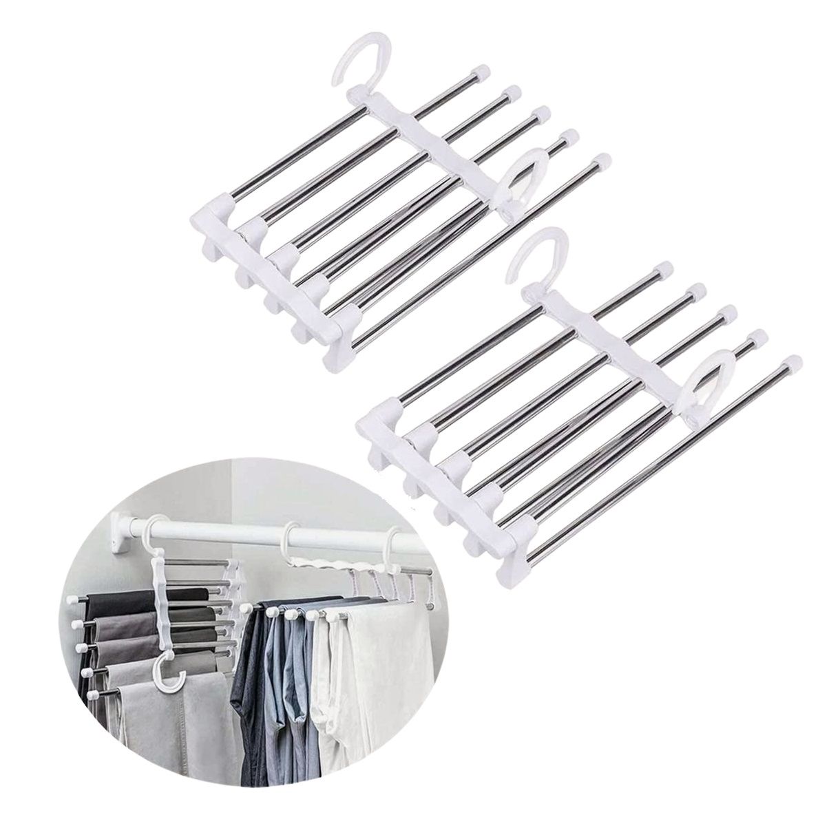 2 Pack Stainless Steel Adjustable 5 in 1 Pants Hangers Non-Slip Space Saving for Home Storage | Auzzi Store