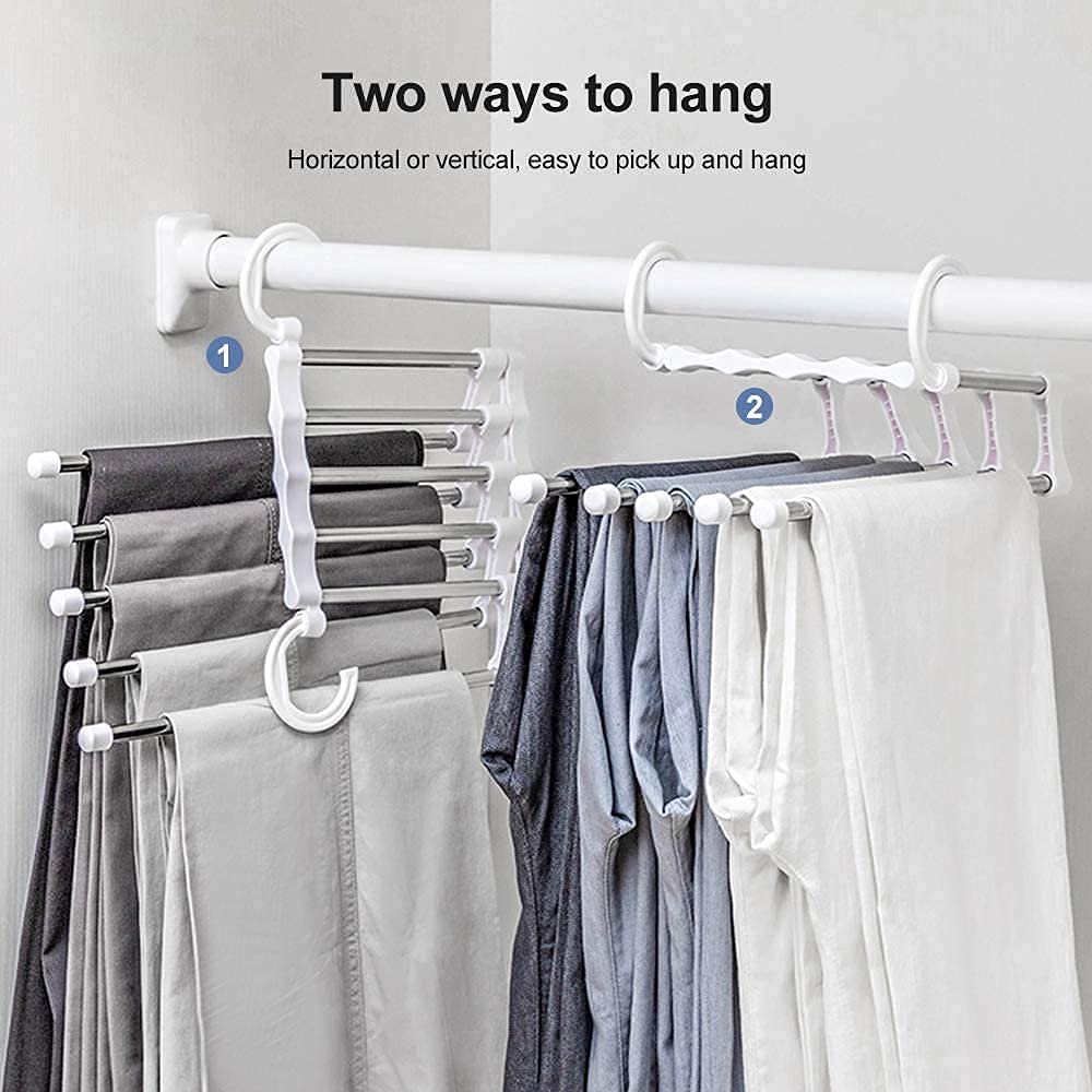 2 Pack Stainless Steel Adjustable 5 in 1 Pants Hangers Non-Slip Space Saving for Home Storage | Auzzi Store