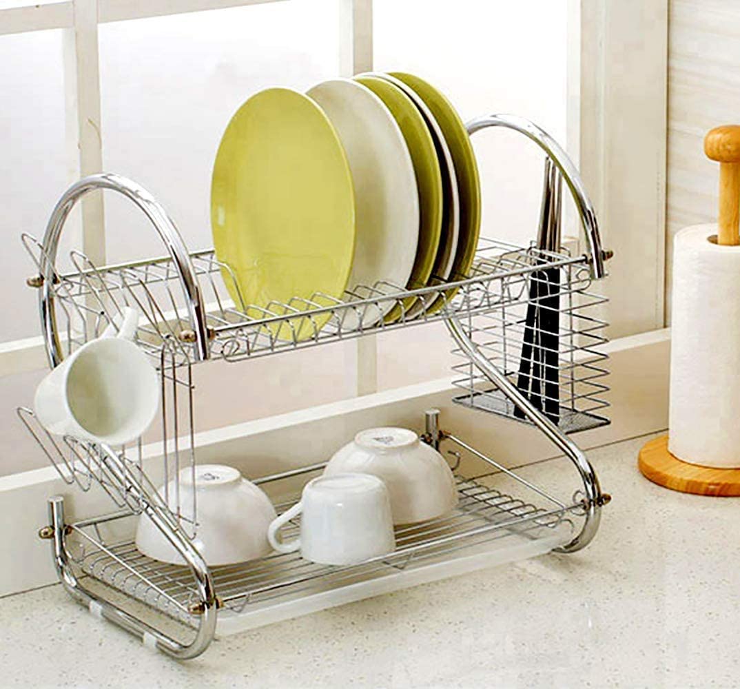 2 Tier Dish Rack with Drain Board for Kitchen Counter and Plated Chrome Dish Dryer Silver 42 x 25,5 x 38 cm | Auzzi Store