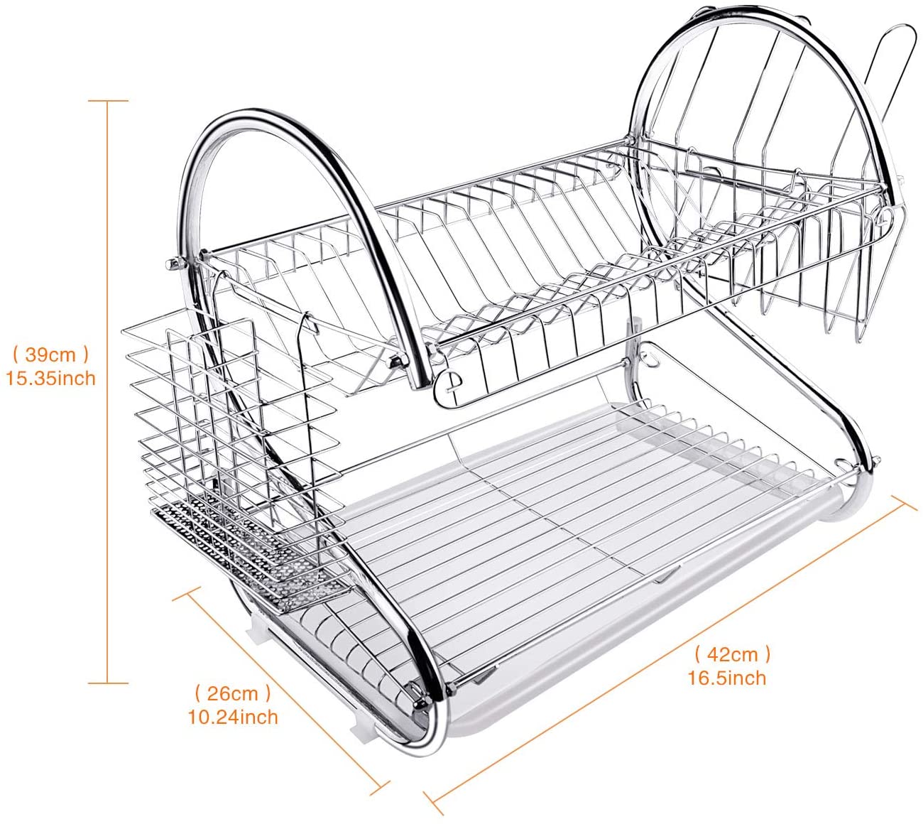 2 Tier Dish Rack with Drain Board for Kitchen Counter and Plated Chrome Dish Dryer Silver 42 x 25,5 x 38 cm | Auzzi Store