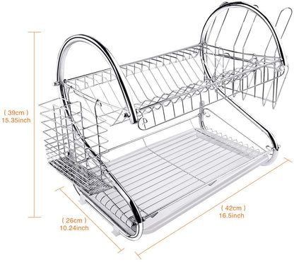 2 Tier Dish Rack with Drain Board for Kitchen Counter and Plated Chrome Dish Dryer Silver 42 x 25,5 x 38 cm | Auzzi Store