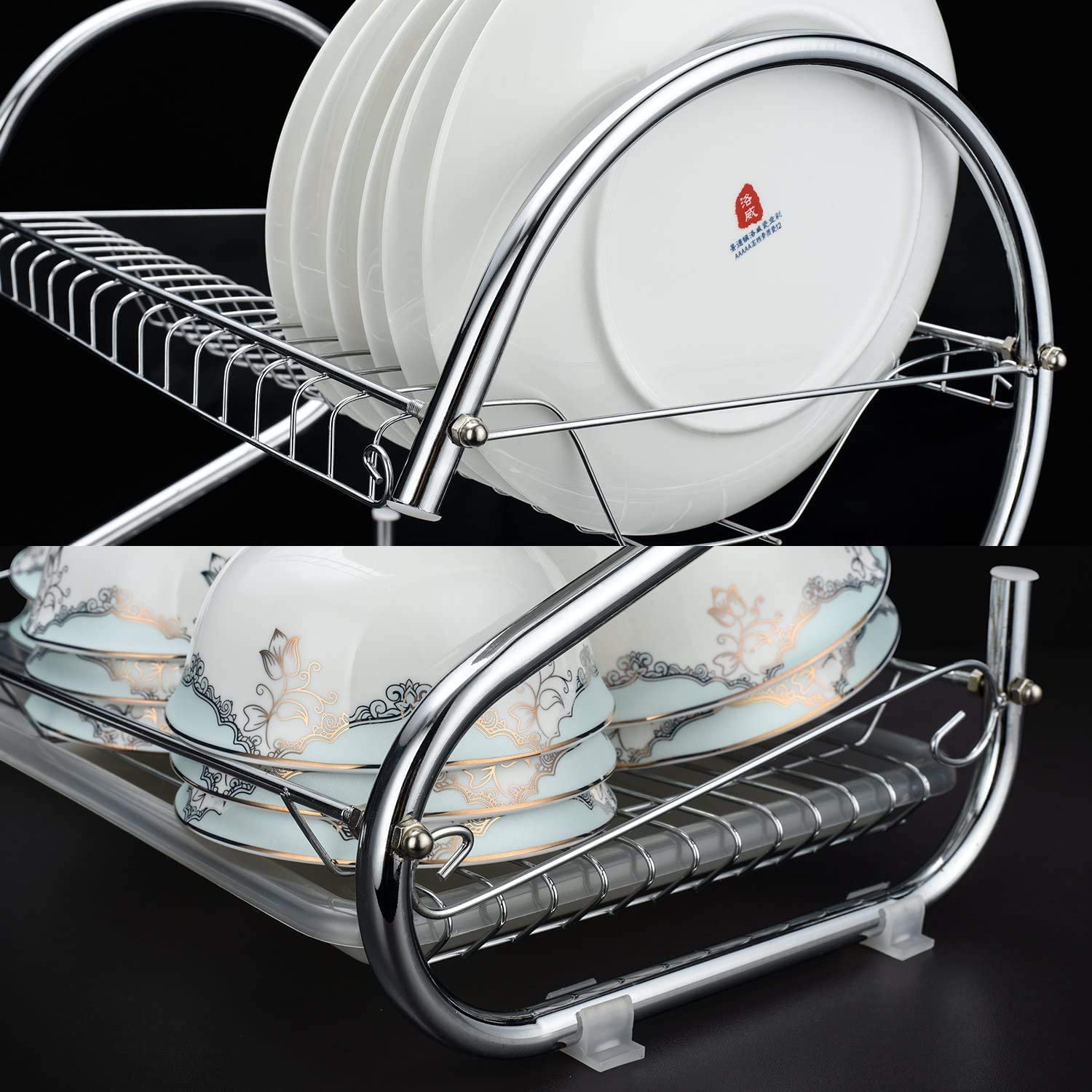 2 Tier Dish Rack with Drain Board for Kitchen Counter and Plated Chrome Dish Dryer Silver 42 x 25,5 x 38 cm | Auzzi Store