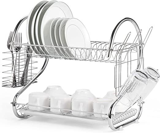 2 Tier Dish Rack with Drain Board for Kitchen Counter and Plated Chrome Dish Dryer Silver 42 x 25,5 x 38 cm | Auzzi Store