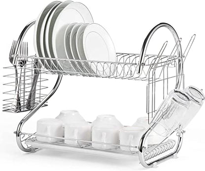 2 Tier Dish Rack with Drain Board for Kitchen Counter and Plated Chrome Dish Dryer Silver 42 x 25,5 x 38 cm | Auzzi Store
