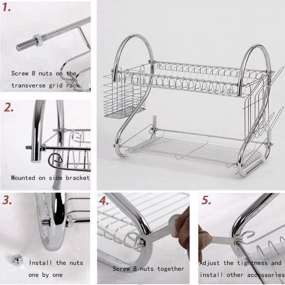2 Tier Dish Rack with Drain Board for Kitchen Counter and Plated Chrome Dish Dryer Silver 42 x 25,5 x 38 cm | Auzzi Store