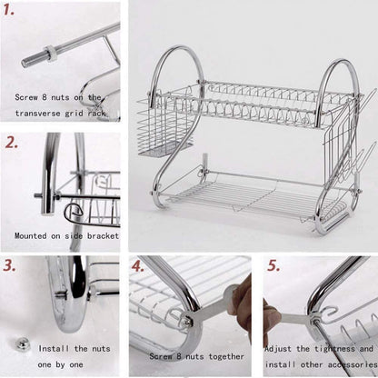 2 Tier Dish Rack with Drain Board for Kitchen Counter and Plated Chrome Dish Dryer Silver 42 x 25,5 x 38 cm | Auzzi Store